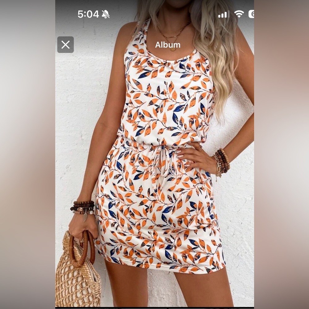 SHEIN Cream Leaf Print Drawstring Mini Dress with Orange and Navy Leaves